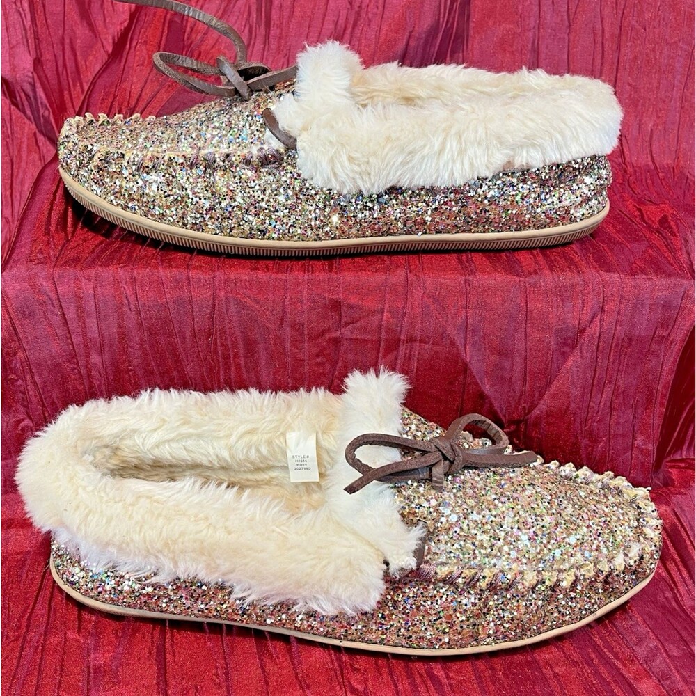 Womens J.Crew Glitter Faux-Shearling House Slippers Moccasins sz 8 - Picture 3 of 8